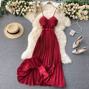 An off-the-shoulder halter dress